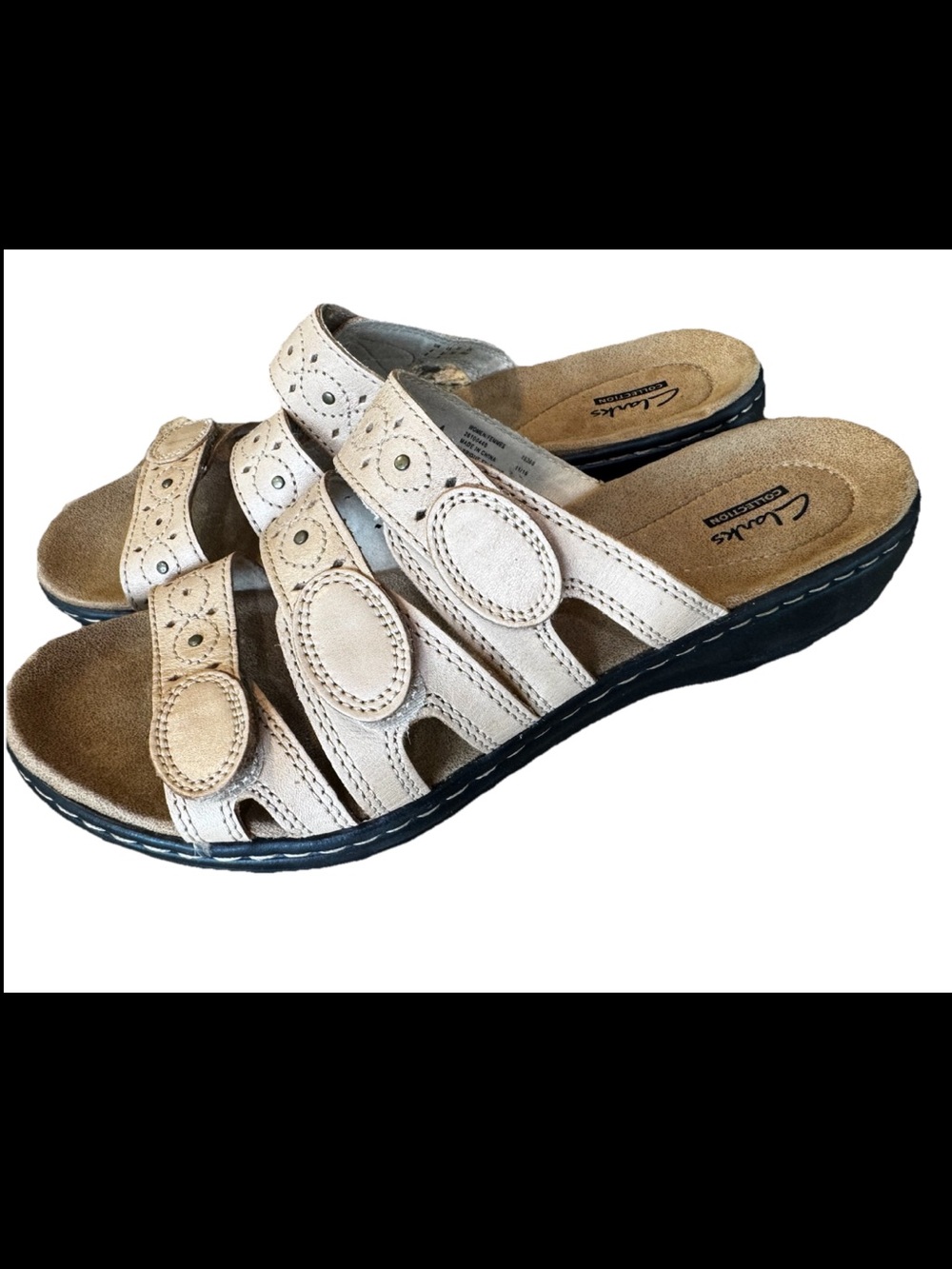 Clarks Leather Slides Sandals Women's 8.5 W Laurieann Cove Sand Coastal Grandma